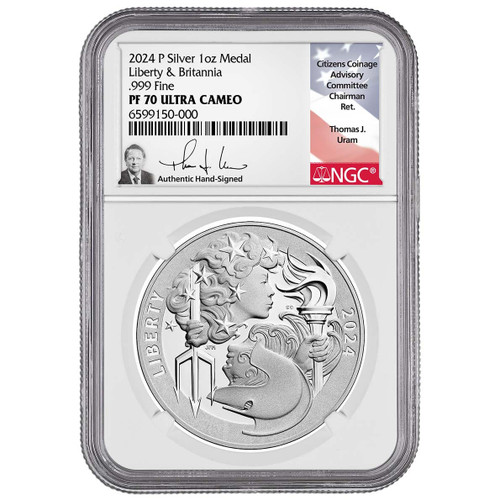 Bullionshark 2024 Liberty & Britannia Silver Medal NGC PF70 Thomas Uram Signed 