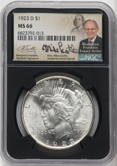  1923-D Peace Silver Dollar NGC MS66 Mike Castle Signed 