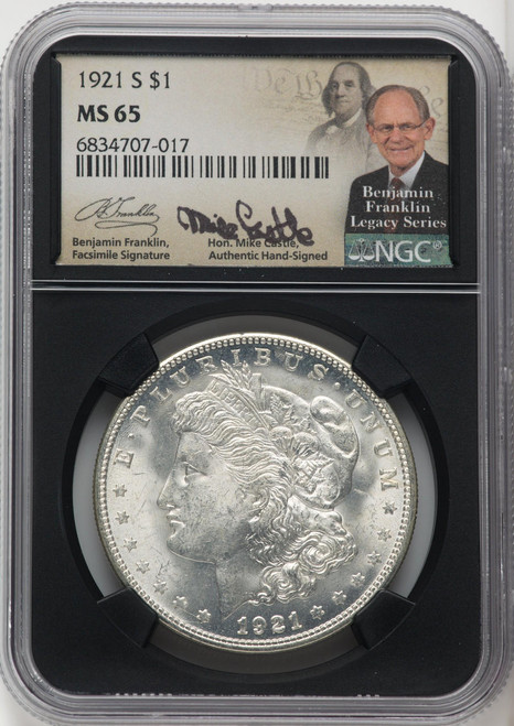  1921-S Morgan Silver Dollar NGC MS65 Mike Castle Signed 