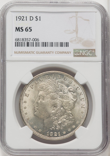 Bullionshark 1921-D Morgan Silver Dollar NGC MS65 