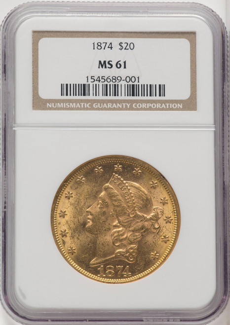  1874 $20 Gold Liberty NGC MS61 