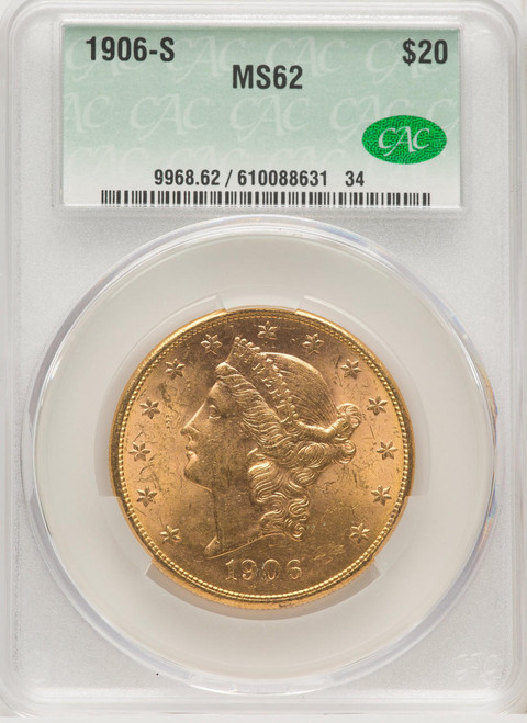 Bullionshark 1906-S $20 Gold Liberty CACG MS62 
