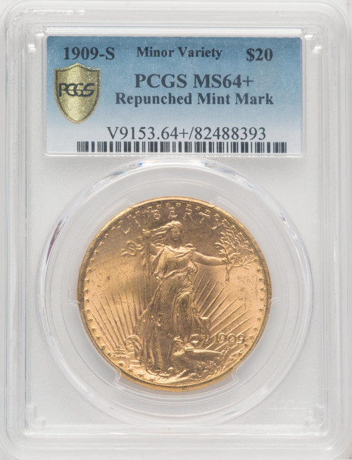  1909-S $20 Saint Gaudens Minor Variety PCGS MS64+ Repunched Mint Mark 