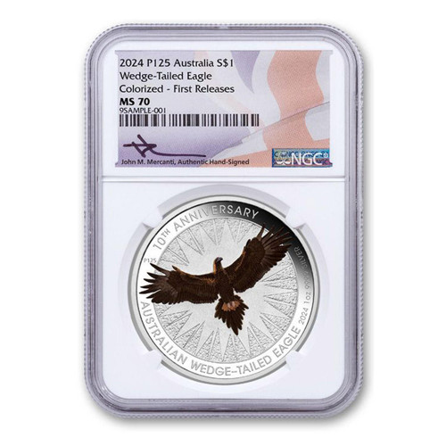 Bullionshark 2024 1 oz Wedge Tailed Eagle NGC MS70 FR John Mercanti Signed (Colorized) 