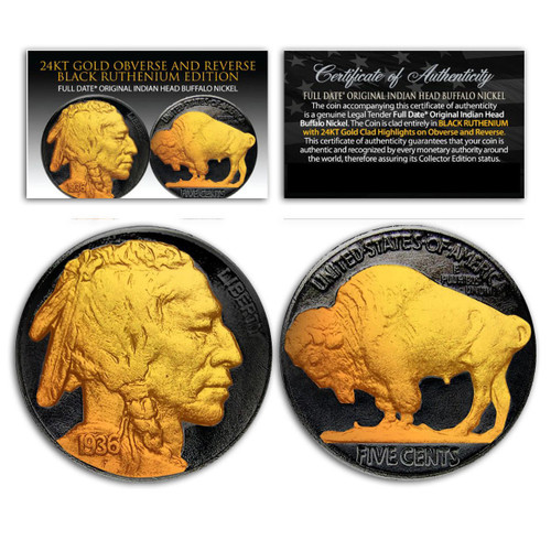 Bullionshark Random Year Full Date Buffalo Nickel - Black Ruthenium & 24k Gold Enhanced 