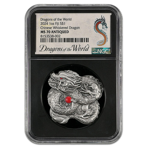 Bullionshark 2024 Fiji $1 1 oz Silver Chinese Whiskered Dragon Ultra-High Relief Antiqued NGC MS70 