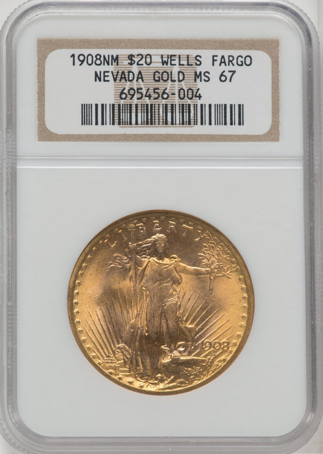  1908 $20 Saint Gaudens NGC MS67 Wells Fargo Nevada Gold 