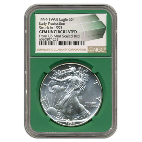 Bullionshark 1994 (1993) Silver Eagle NGC GEM Uncirculated Early Production - Monster Box Label 