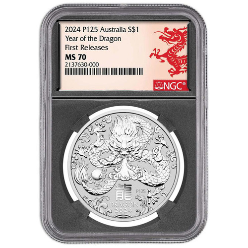 Bullionshark 2024 1 oz Silver Perth Year of the Dragon NGC MS70 First Releases Black Core 