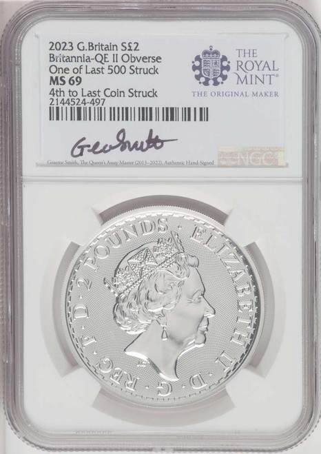 Bullionshark 2023 £2 Silver Britannia-QE II Obverse NGC MS 69 One of Last 500 Struck Graeme Smith Signed  - HAT765076077 