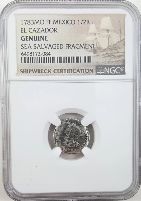 Bullionshark 1783MO FF Mexico El Cazador 1/2R NGC Genuine (LG) - Sea Salvaged Fragment - Shipwreck Label 