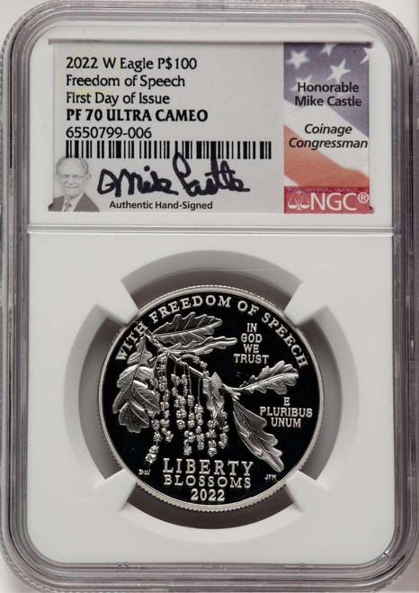 Bullionshark 2022-W $100 Modern Bullion Coin NGC PF70 UCAM    One- Ounce Platinum Eagle, Freedom of Speech, First Day of Issue - HAT771248016 
