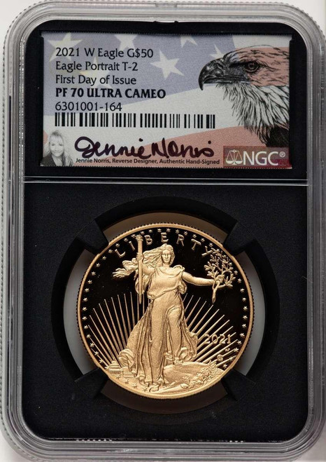 Bullionshark 2021-W G$50 1 oz American Gold Eagle Coin NGC MS70 UCAM, Type Two, First Day of Issue - HAT521119015 