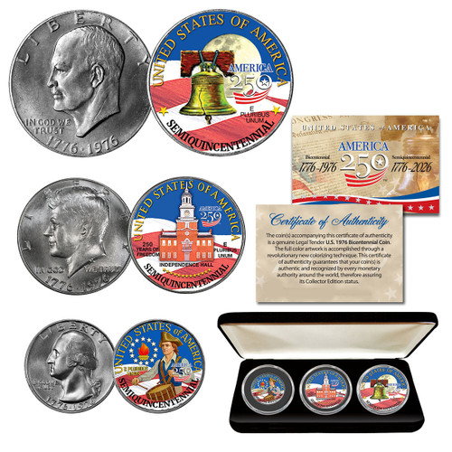 250th 1976 Bi-Centennial 3 Coin Set IKE, JFK, Quarter colorized w/Box