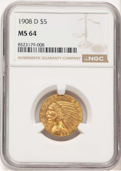 1908 $5 Indian Gold Half Eagle Coin NGC MS64 | Rare Coins