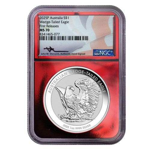 2025 1oz Silver Wedge Tailed Eagle NGC MS70 FR Mercanti Flag Label (Red Foil Core) 2025 1oz Silver Wedge Tailed Eagle NGC MS70 FR Mercanti Flag Label (Red Foil Core)