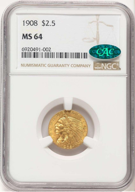 Bullionshark 1908 $2.5 Indian Gold Quarter Eagle Coin NGC MS64  CAC - HAT521416002 