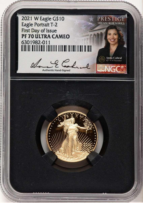 Bullionshark 2021-W G$10 Modern Bullion Coin NGC MS70   Quarter Ounce Gold Eagle, Type Two, First Day of Issue - HAT521360029 