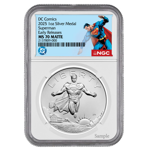 2025 1 oz Superman Silver Medal NGC MS70 Early Releases - DC Comics Label front