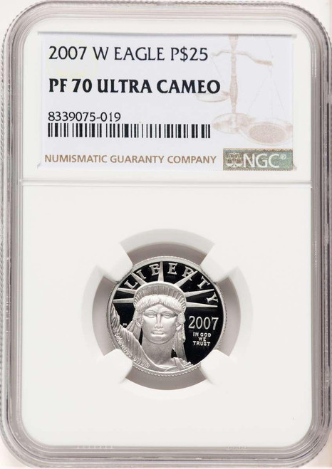 Bullionshark 2007-W $25 1/4 oz Platinum Eagle Coin NGC MS70, Statue of Liberty - HAT520703030 