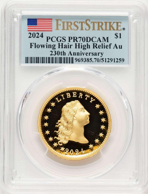 Bullionshark 2024 $1 Gold High Relief Coin PCGS MS70   Flowing Hair Dollar, One-Ounce Gold, 230th Anniversary, First Strike - HAT778603001 