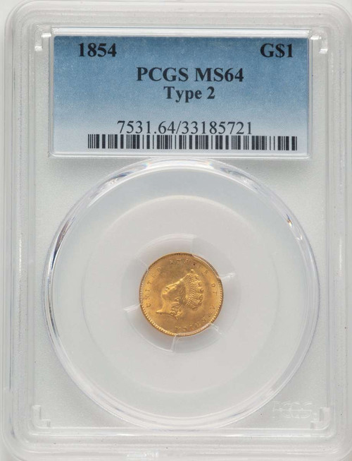 1854 G$1 Gold Dollar Coin PCGS MS64   Type Two coin front image