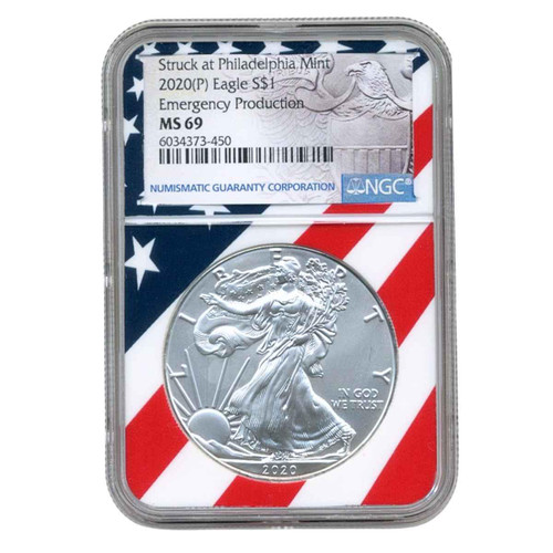  2020 (P) Silver Eagle NGC MS69 Emergency Production (Limited Flag Core) 