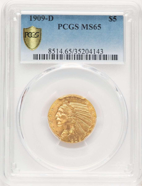Bullionshark 1909-D $5 Indian Gold Half Eagle Coin PCGS MS65 - HAT778913001 