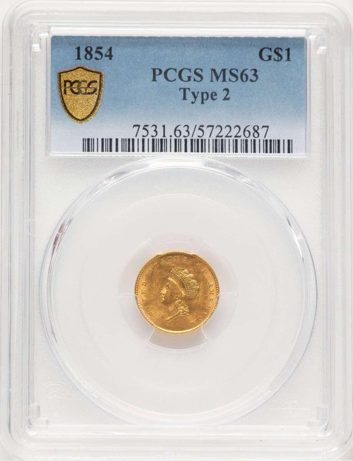 Bullionshark 1854 G$1 Gold Dollar Coin PCGS MS63   Type Two - HAT780078005 
