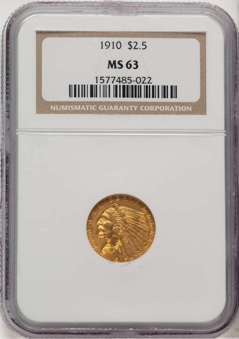 Bullionshark 1910 $2.5 Indian Gold Quarter Eagle Coin NGC MS63 - HAT506652008 