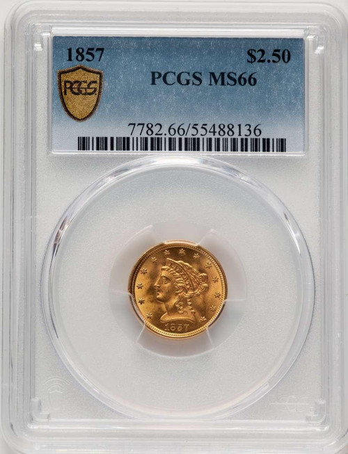 Bullionshark 1857 $2.5 Liberty Gold Quarter Eagle Coin PCGS MS66 - HAT777985026 