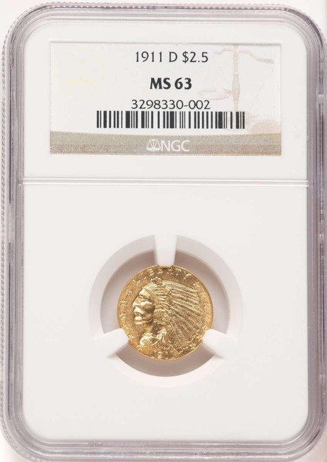 Bullionshark 1911-D $2.5 Indian Gold Quarter Eagle Coin NGC MS63 - HAT780482026 