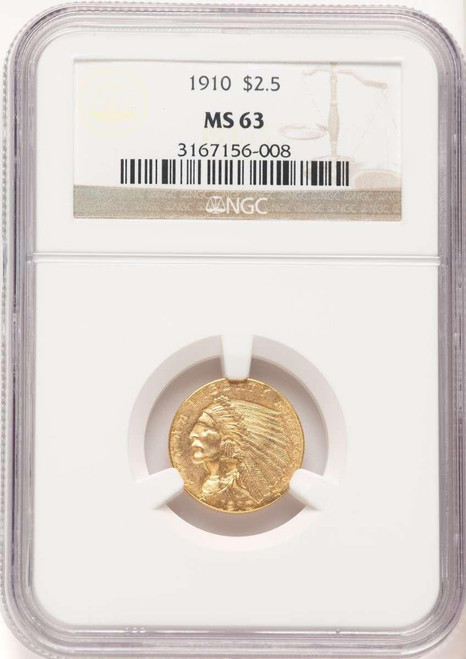 Bullionshark 1910 $2.5 Indian Gold Quarter Eagle Coin NGC MS63 - HAT780477002 