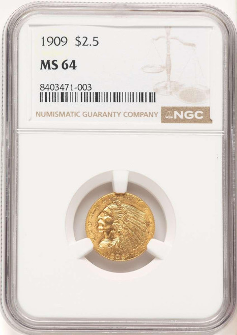 Bullionshark 1909 $2.5 Indian Gold Quarter Eagle Coin NGC MS64 - HAT780384008 