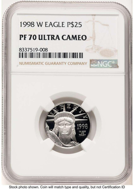 Bullionshark 1998-W $25 1/4 oz Platinum Eagle Coin NGC MS70, Statue of Liberty - HAT769802007  Bullionshark 1998-W $25 1/4 oz Platinum Eagle Coin NGC MS70, Statue of Liberty - HAT769802007