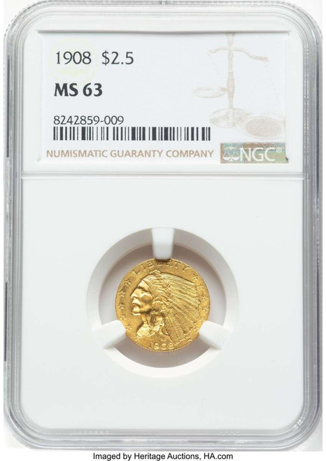 Bullionshark 1908 $2.5 Indian Gold Quarter Eagle Coin NGC MS63 - HAT777777010 