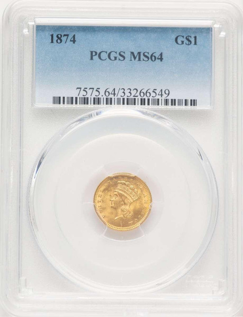 Bullionshark 1874 G$1 Gold Dollar Coin PCGS MS64 - HAT778418001  Bullionshark 1874 G$1 Gold Dollar Coin PCGS MS64 - HAT778418001