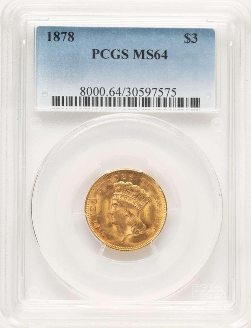 Bullionshark 1878 $3 Three Dollar Gold  Coin PCGS MS64 - HAT780408004 