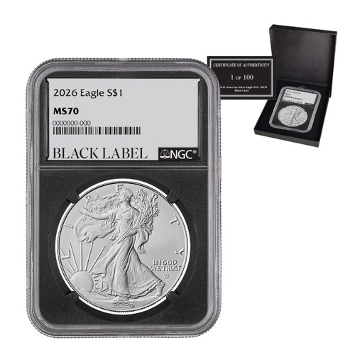 2026 $1 American Silver Eagle NGC MS70 Black Label w/Box & CoA (1 of 100) 2026 $1 American Silver Eagle NGC MS70 Black Label w/Box & CoA (1 of 100)