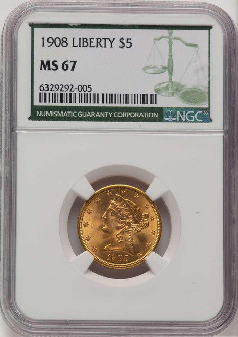 Bullionshark 1908 $5 Liberty Gold Half Eagle Coin NGC MS67 - HAT507384041 