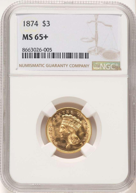 Bullionshark 1874 $3 Three Dollar Gold  Coin NGC MS65  + - HAT506965002 