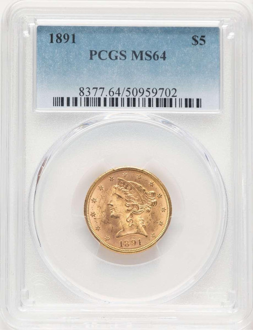 Bullionshark 1891 $5 Liberty Gold Half Eagle Coin PCGS MS64 - HAT777398040  Bullionshark 1891 $5 Liberty Gold Half Eagle Coin PCGS MS64 - HAT777398040
