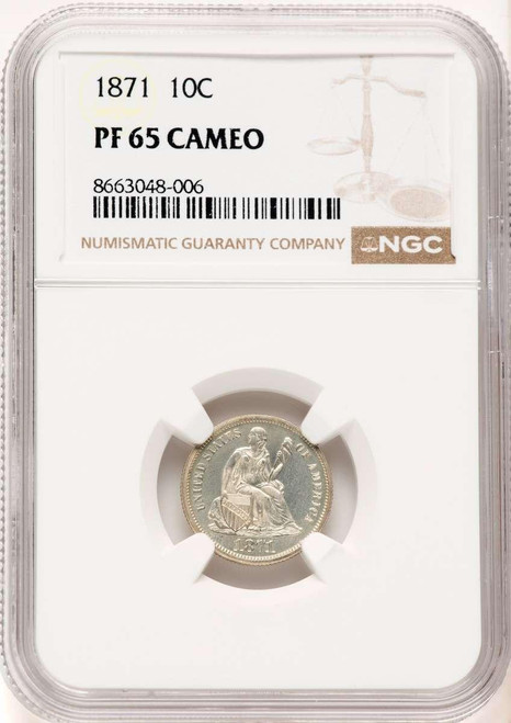 Bullionshark 1871 10C Proof Seated Dime Coin NGC PF65 CAMEO - HAT780514003  Bullionshark 1871 10C Proof Seated Dime Coin NGC PF65 CAMEO - HAT780514003