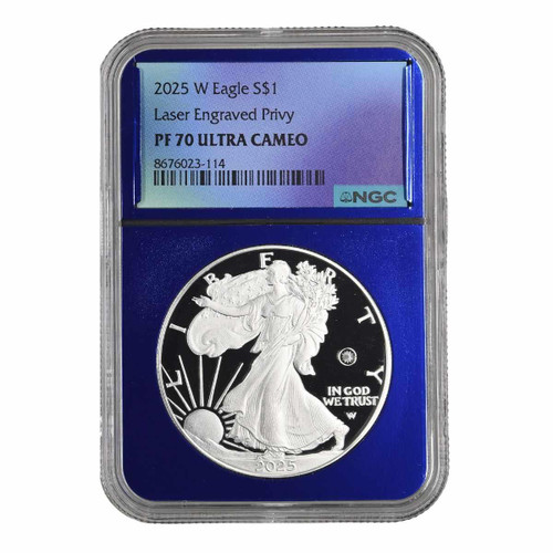 2025-W Proof $1 American Silver Eagle – Laser Beam Privy, PCGS PR70DCAM, First Day Of Issue Flag Label
