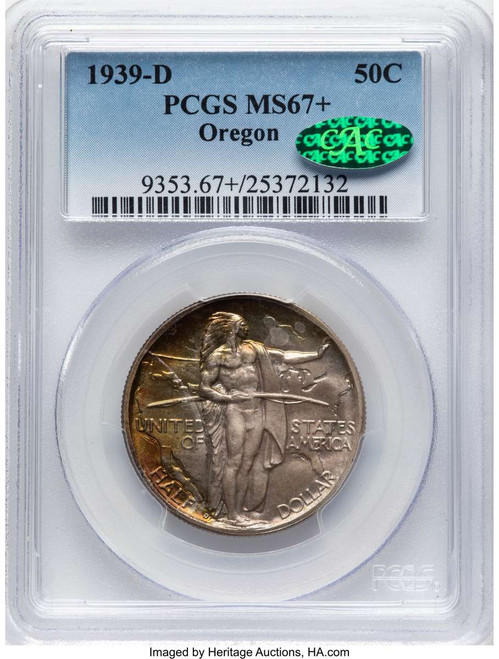 1939-D 50C Commemorative Silver Coin PCGS MS67  CAC +  Oregon coin front image