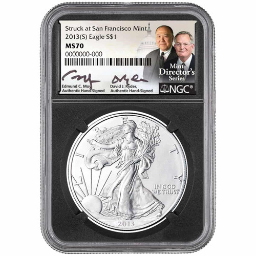 2013 (S) American Silver Eagle NGC MS70 Mint Director’s Series – Moy & Ryder Hand-Signed Label   2013 (S) American Silver Eagle NGC MS70 Mint Director’s Series – Moy & Ryder Hand-Signed Label