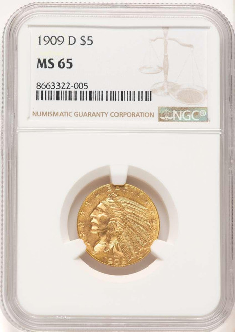 Bullionshark 1909-D $5 Indian Gold Half Eagle Coin NGC MS65 - HAT779797042 