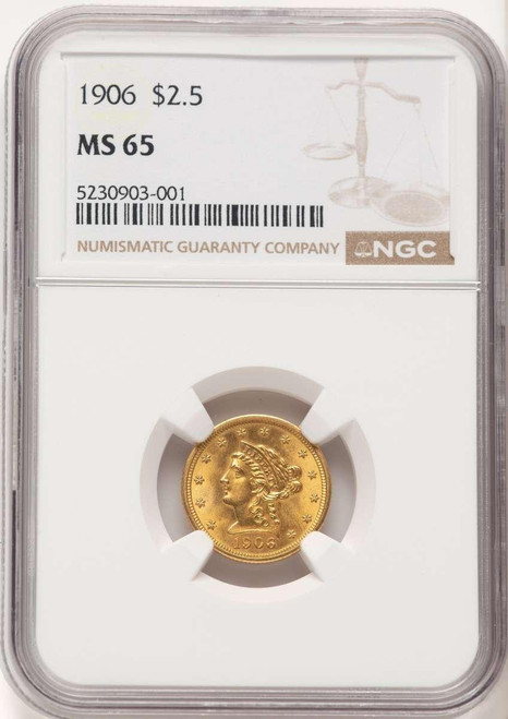 Bullionshark 1906 $2.5 Liberty Gold Quarter Eagle Coin NGC MS65 - HAT506636001 