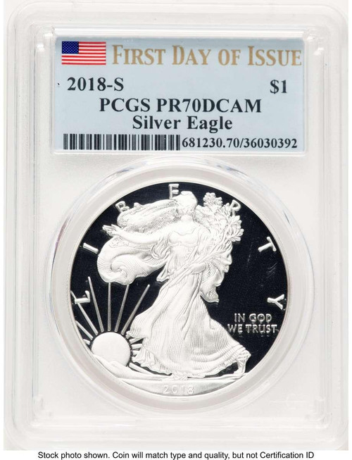 Bullionshark 2018-S S$1 American Silver Eagle Coin PCGS MS70, First Day of Issue - HAT765346225 