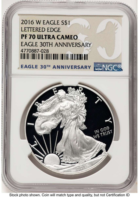 2016-W S$1 American Silver Eagle Coin NGC MS70, Lettered Edge, 30th Anniversary coin front image